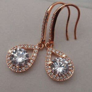 Rose Gold Teardrop Sparkling Crystal Dangle Earrings Wedding Bride